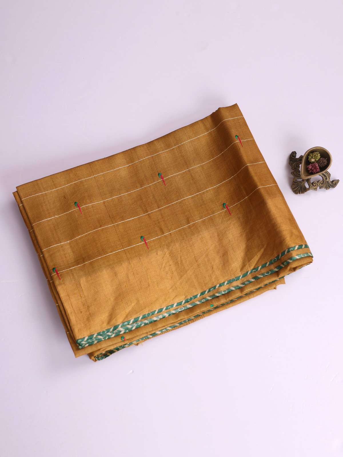 Mustard Yellow Striped Embroidered Tussar Silk Saree With Zari Border