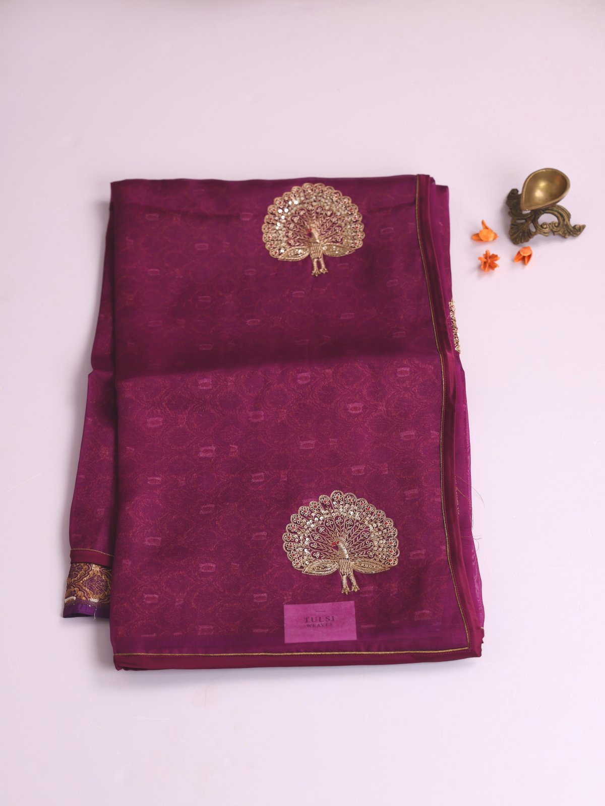 Purple Embroidered Organza Silk Saree