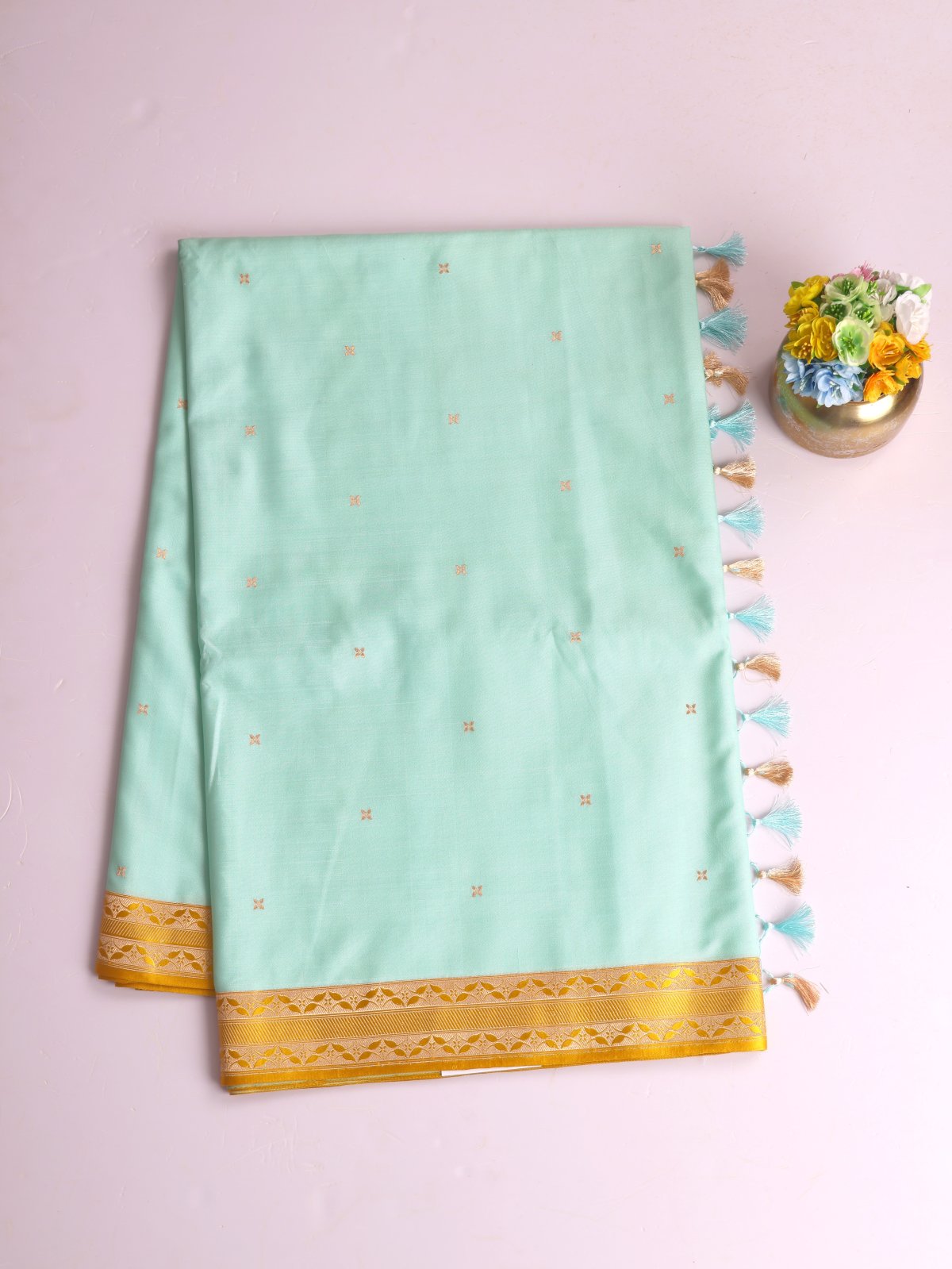 Light Turquoise Mashru Silk Saree With Yellow Zari Border