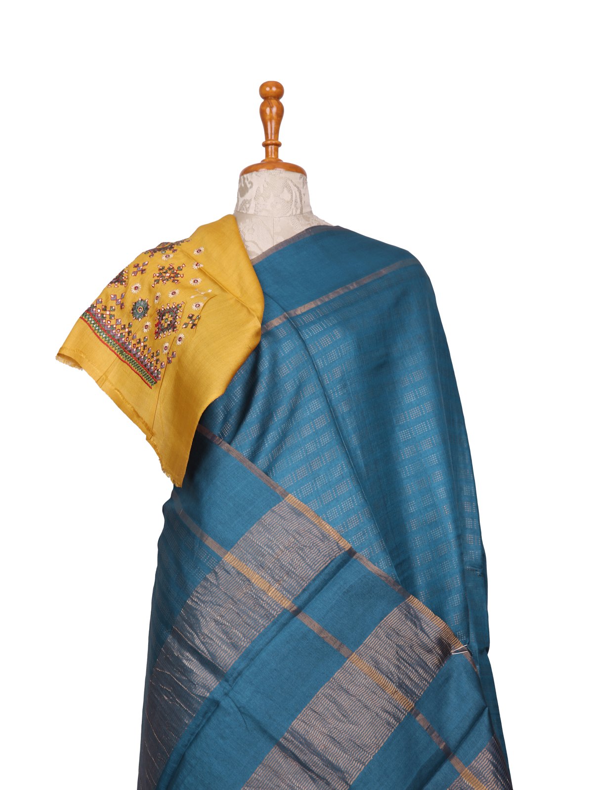 Peacock Blue Tussar Silk Saree with Kutch Embroidered Blouse