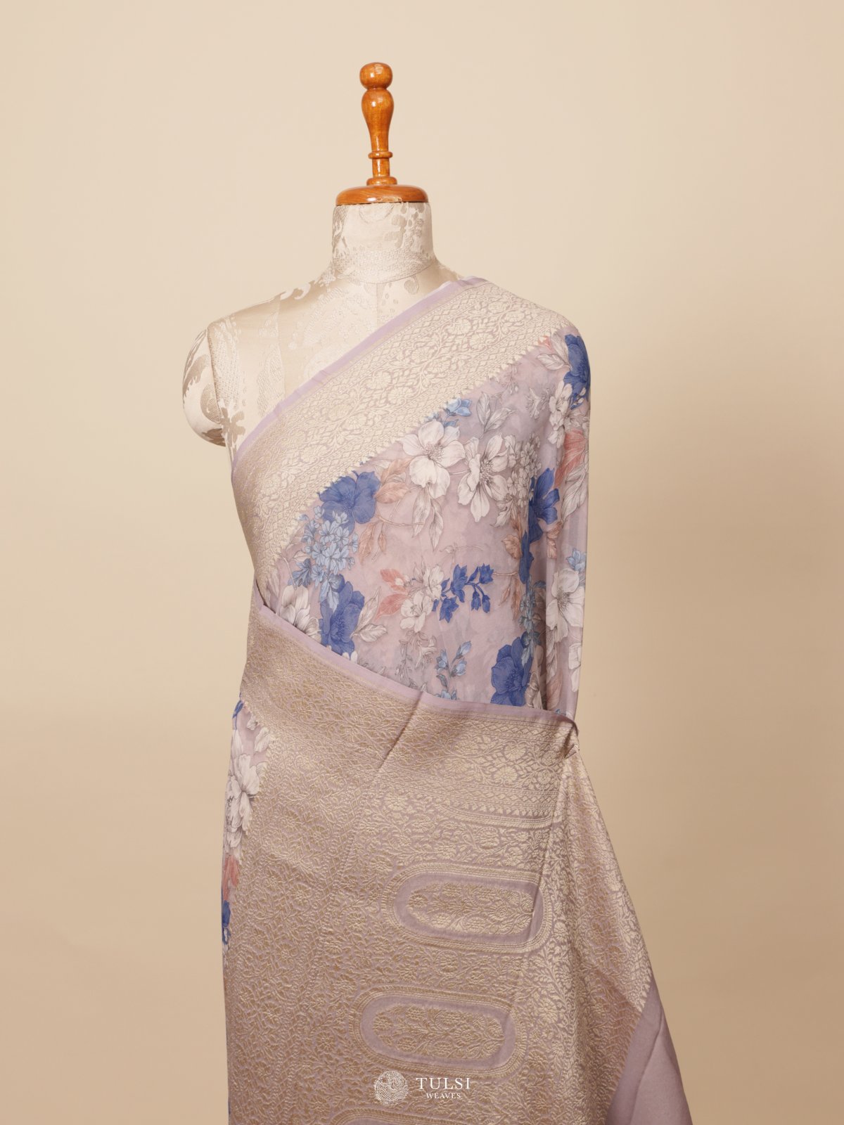 Grey Floral Printed Georgette Silk Saree With Woven Border