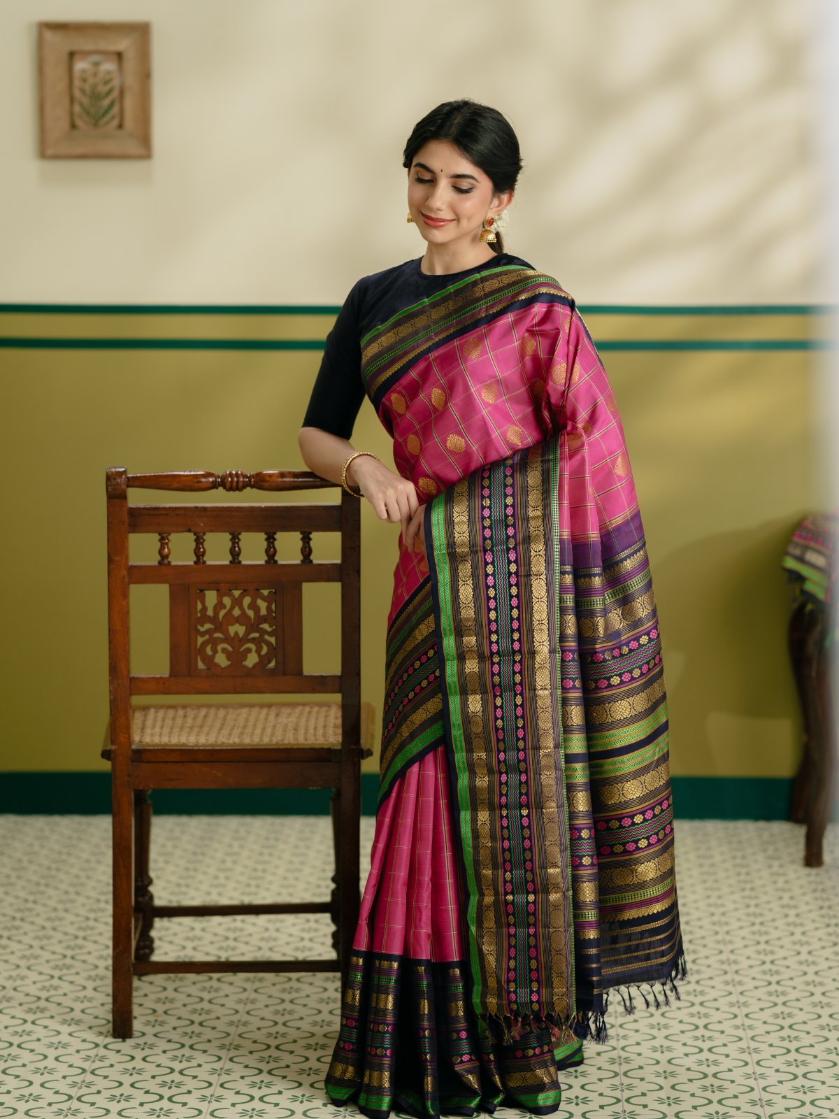 Vintage 32 - Rani Pink Checked Kanjeevaram Silk Saree With Dark Navy Blue Border