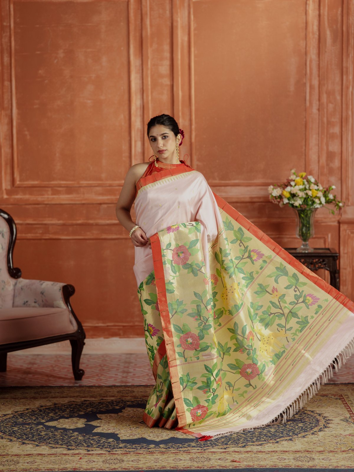 Curated 19 - Light Pink Paithani Silk Saree With Red Muniya Border