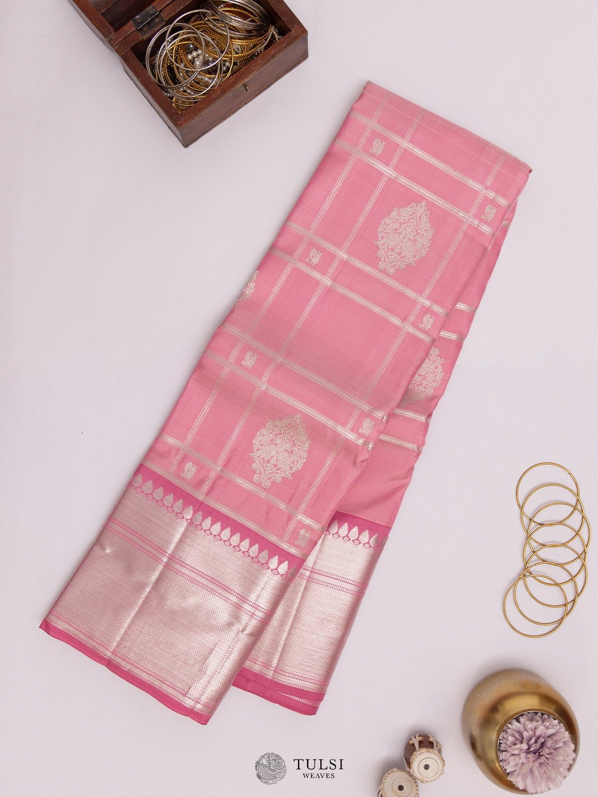 Peach Kanjeevaram Silk Saree with Contrast Border