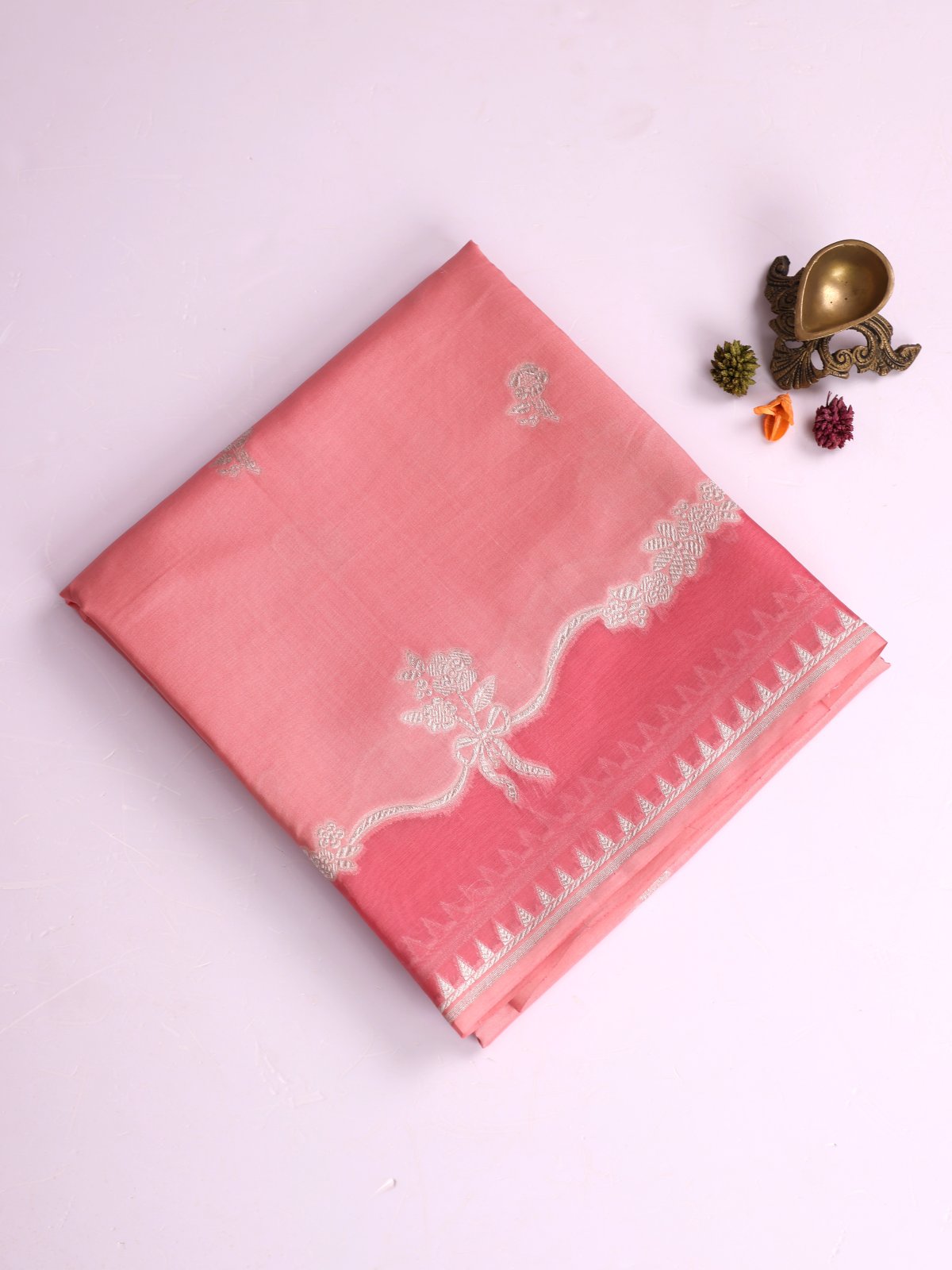 Peachy Pink Mashru Silk Saree With Organza Border