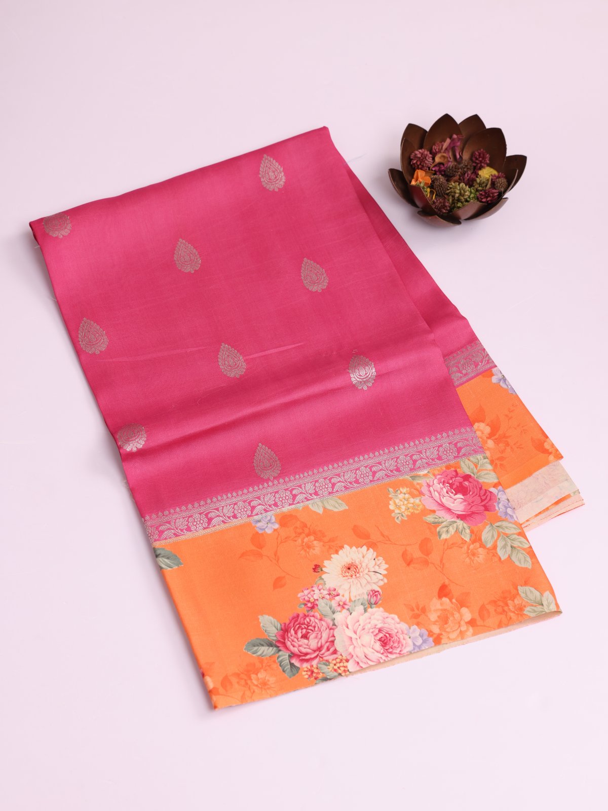 Pink Banaras Tussar Georgette Silk Saree With Printed Orange Border 