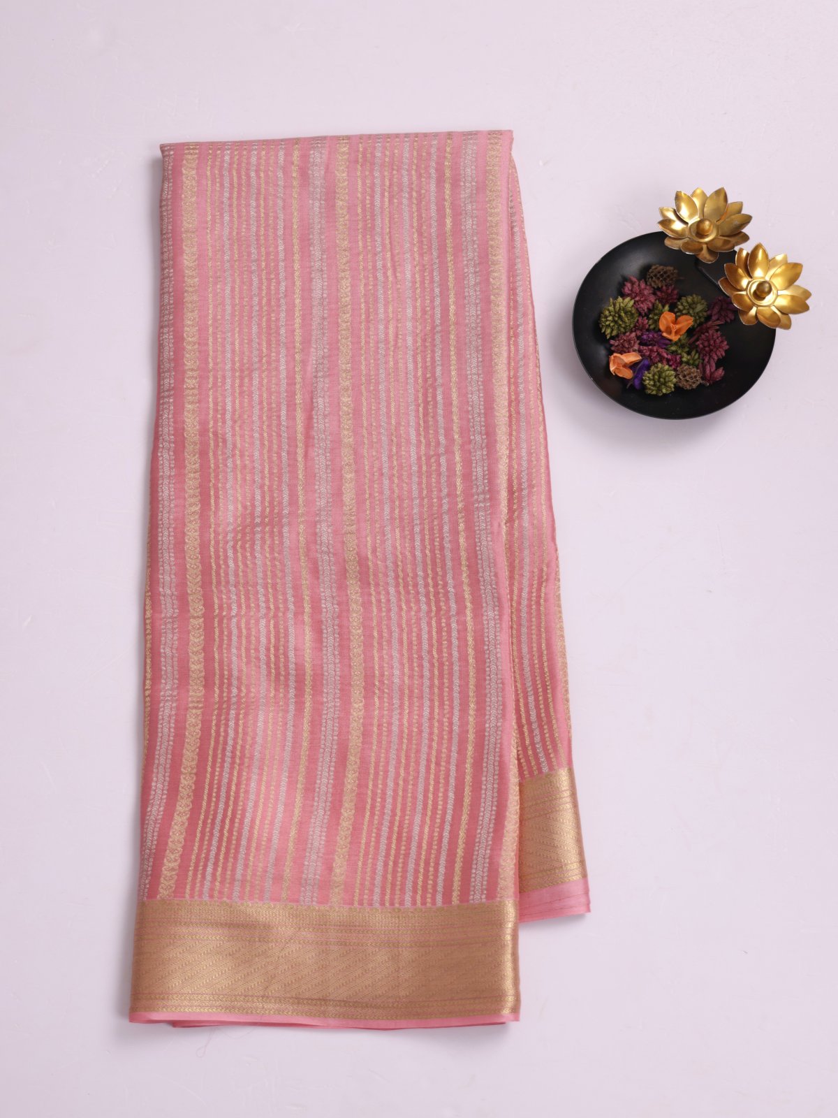Pink Zari Striped Mysore Crepe Silk Saree With Zari Border