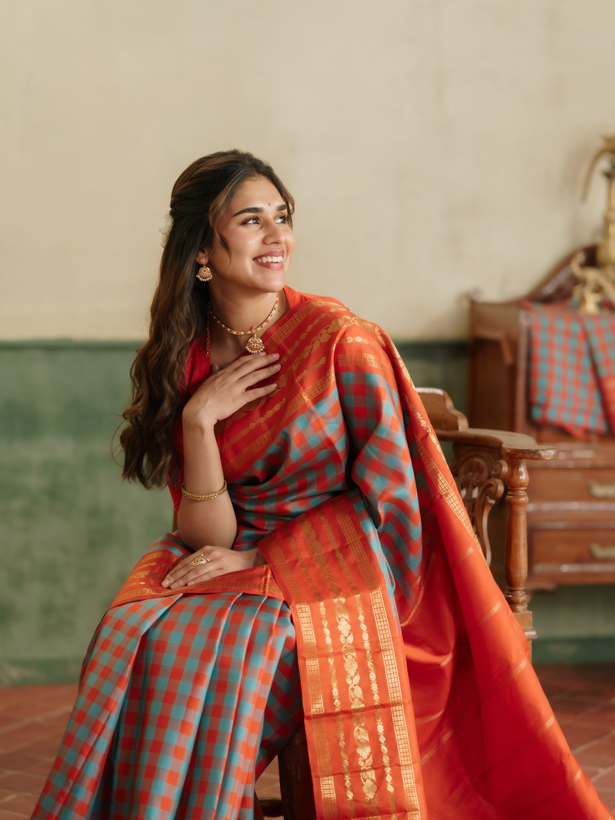 Vintage 120 - Rust And Ananda Blue Checked Kanjeevaram Silk Saree With Rust Orange Border