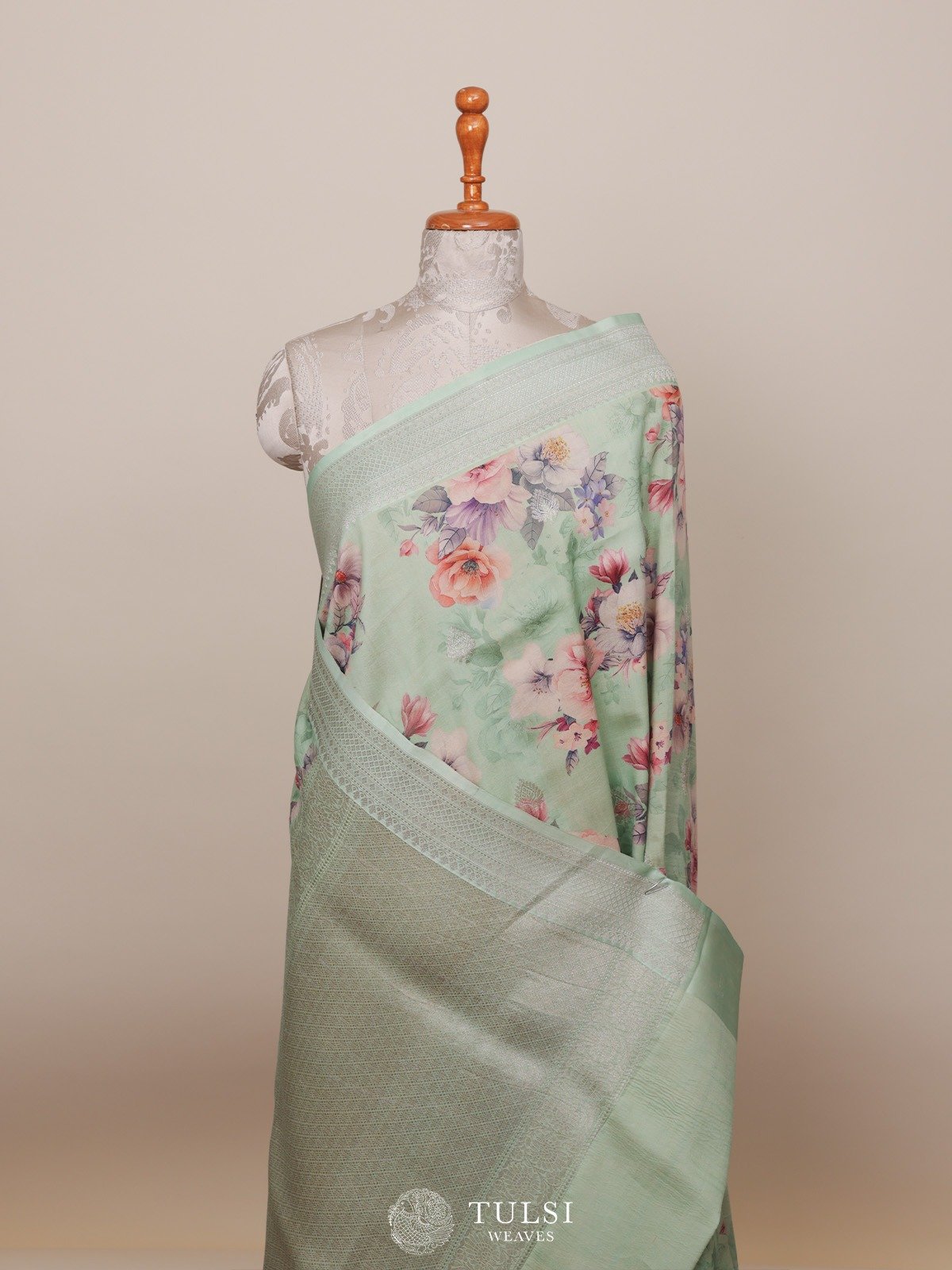 Light Teal Green Tussar Silk Saree With Floral Prints