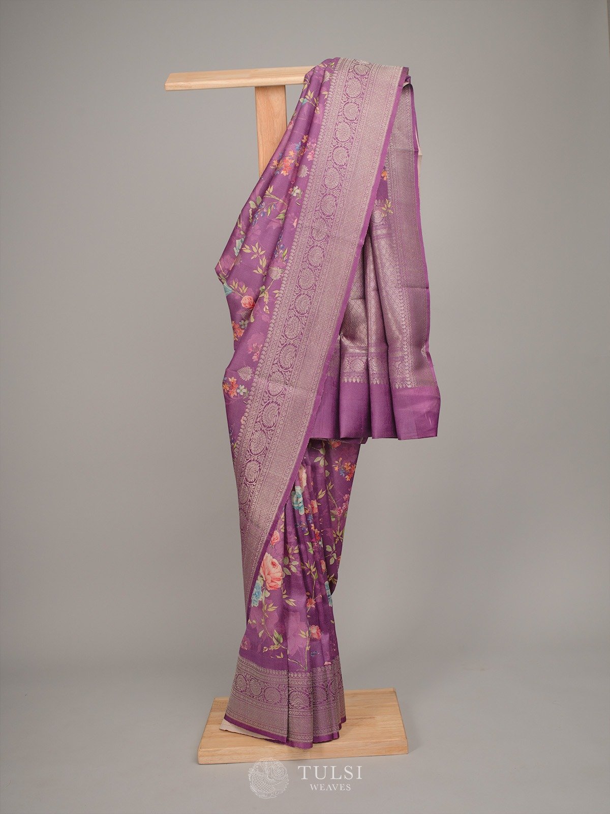 Violet Tussar Silk Saree With Floral Prints