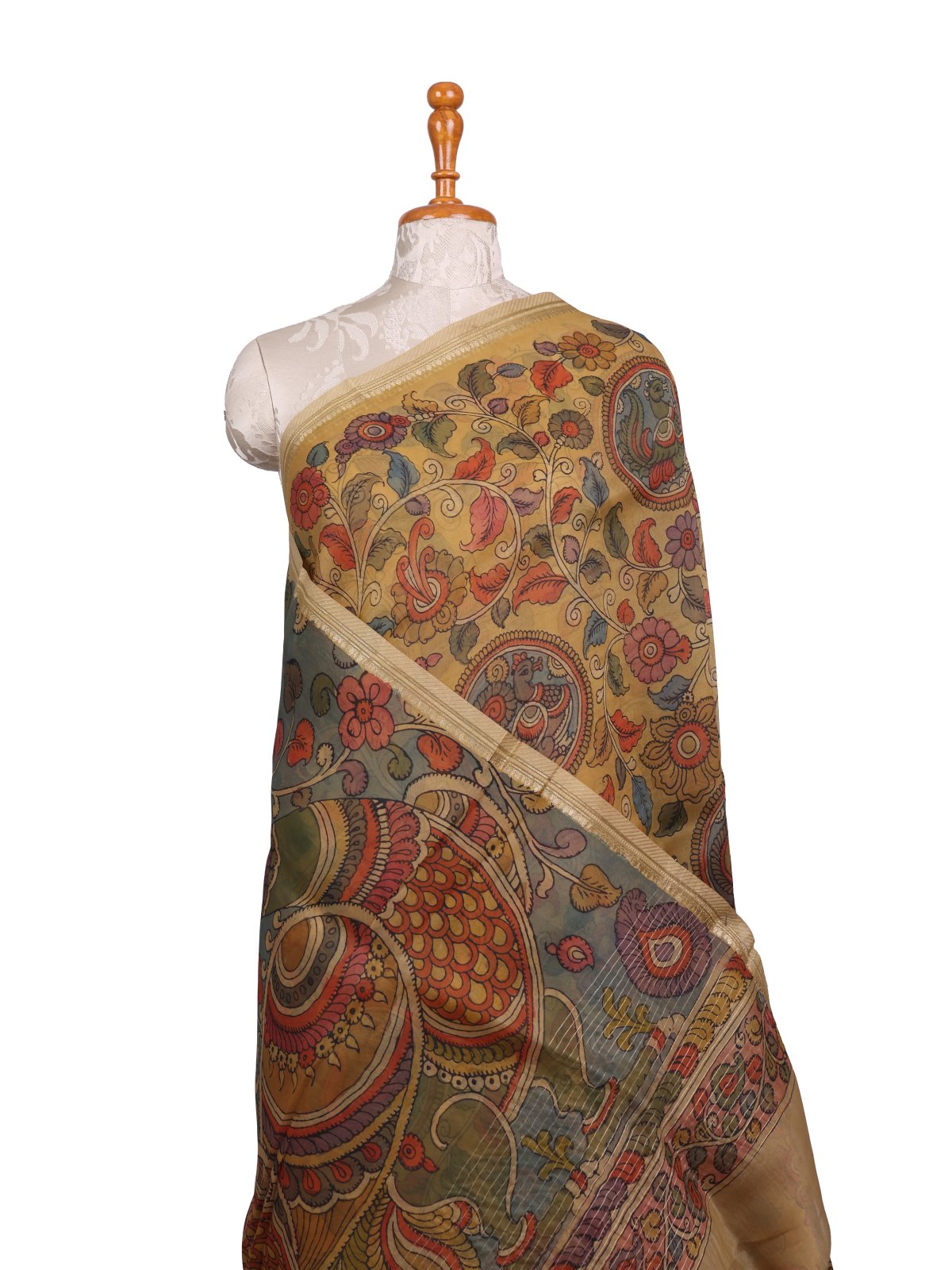 Pastel Yellow Kalamkari Printed Organza Silk Saree