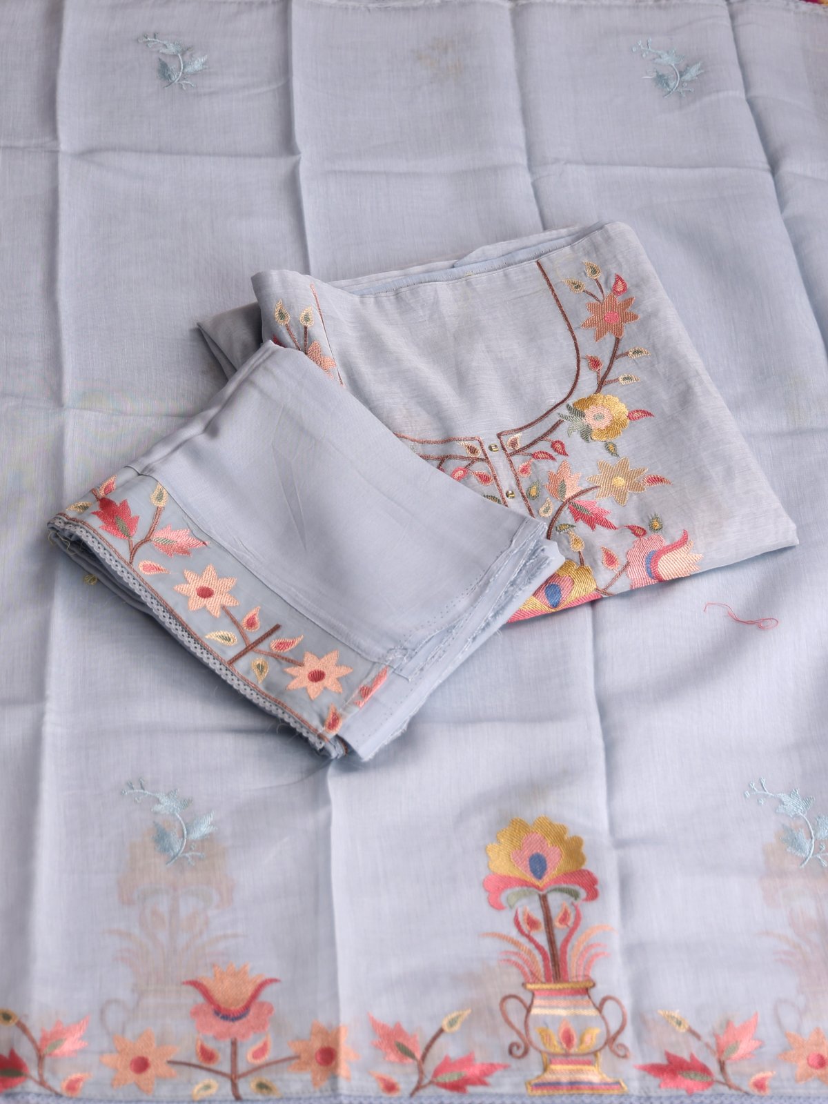 Light Bluish Grey Embroidered Mul Chanderi Cotton Salwar Material