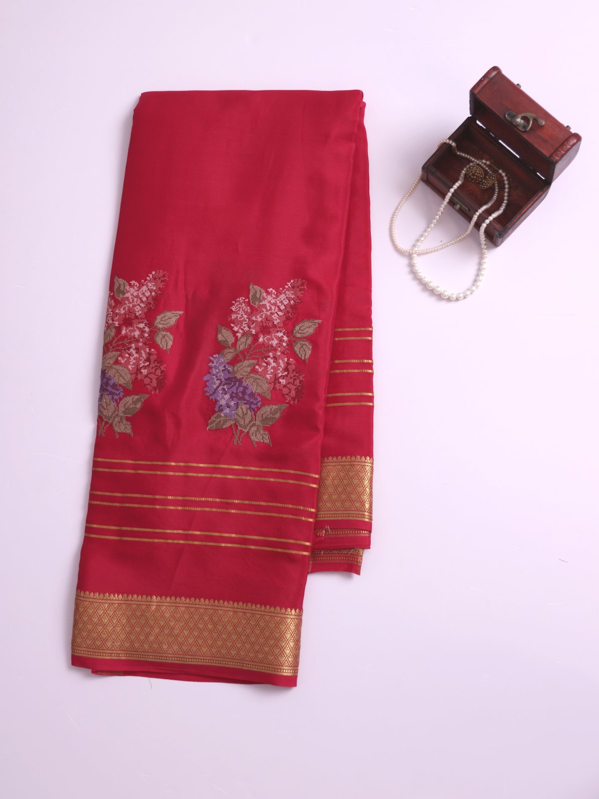 Reddish Pink Embroidered Mysore Crepe Silk Saree
