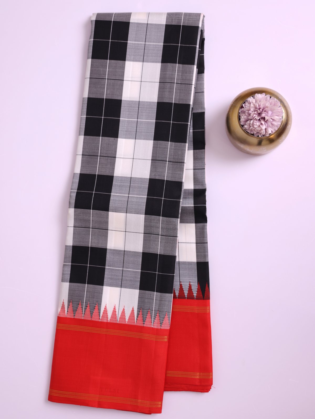 Black and White Checked Kanjeevaram Silk Saree with Red Border