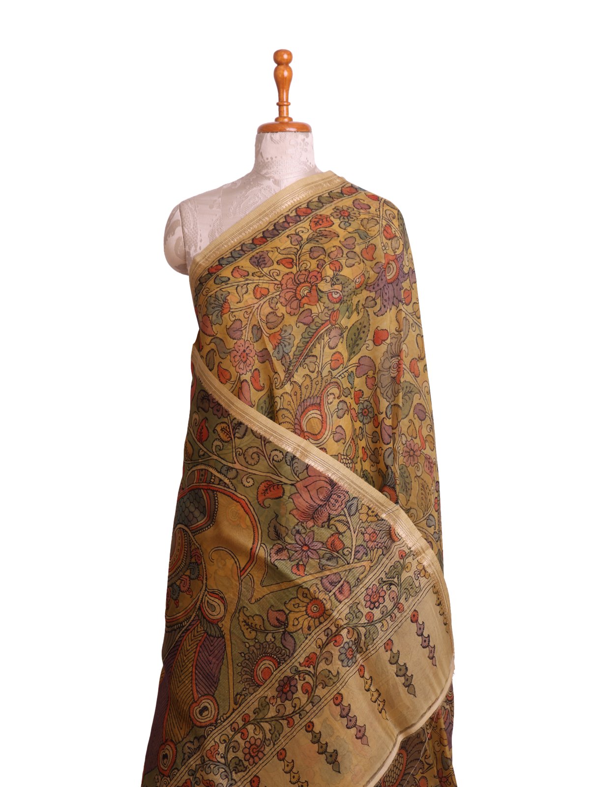 Pastel Yellow Kalamkari Printed Organza Silk Saree