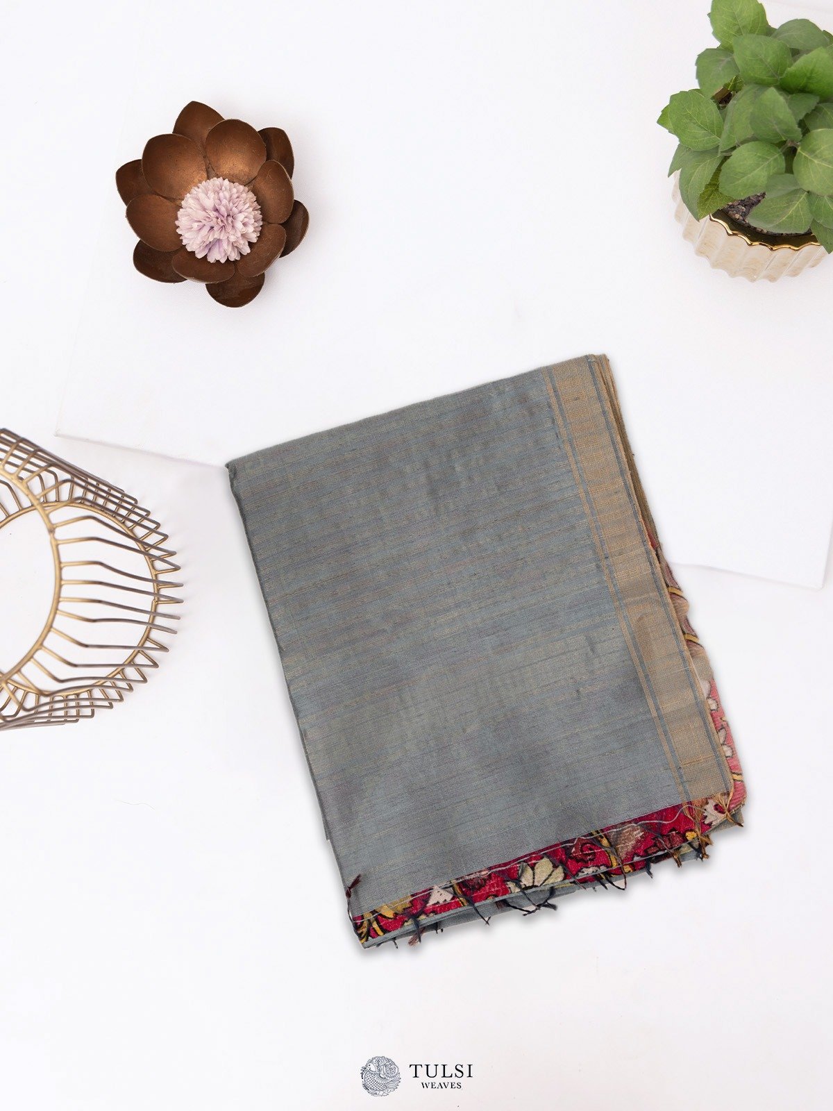 Light Gray Raw Silk Saree With Zari Border