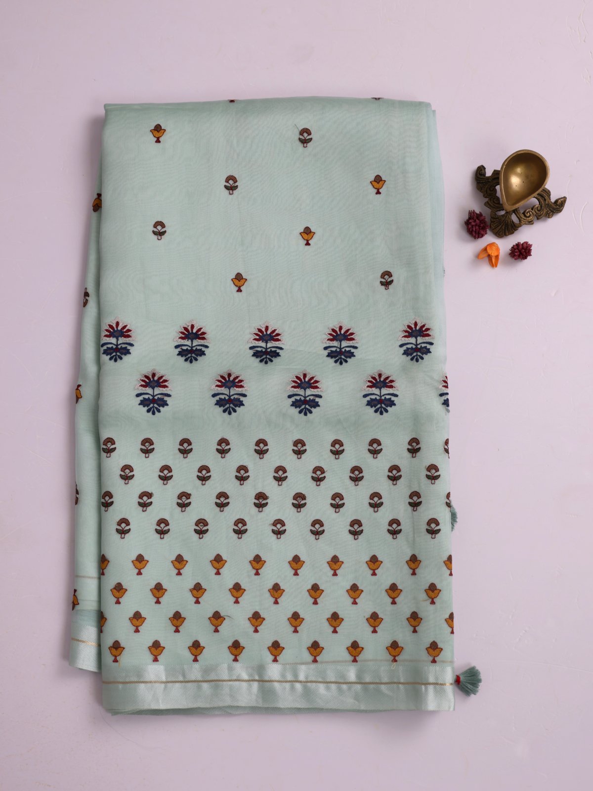 Light Greenish Blue Embroidered Organza Silk Saree