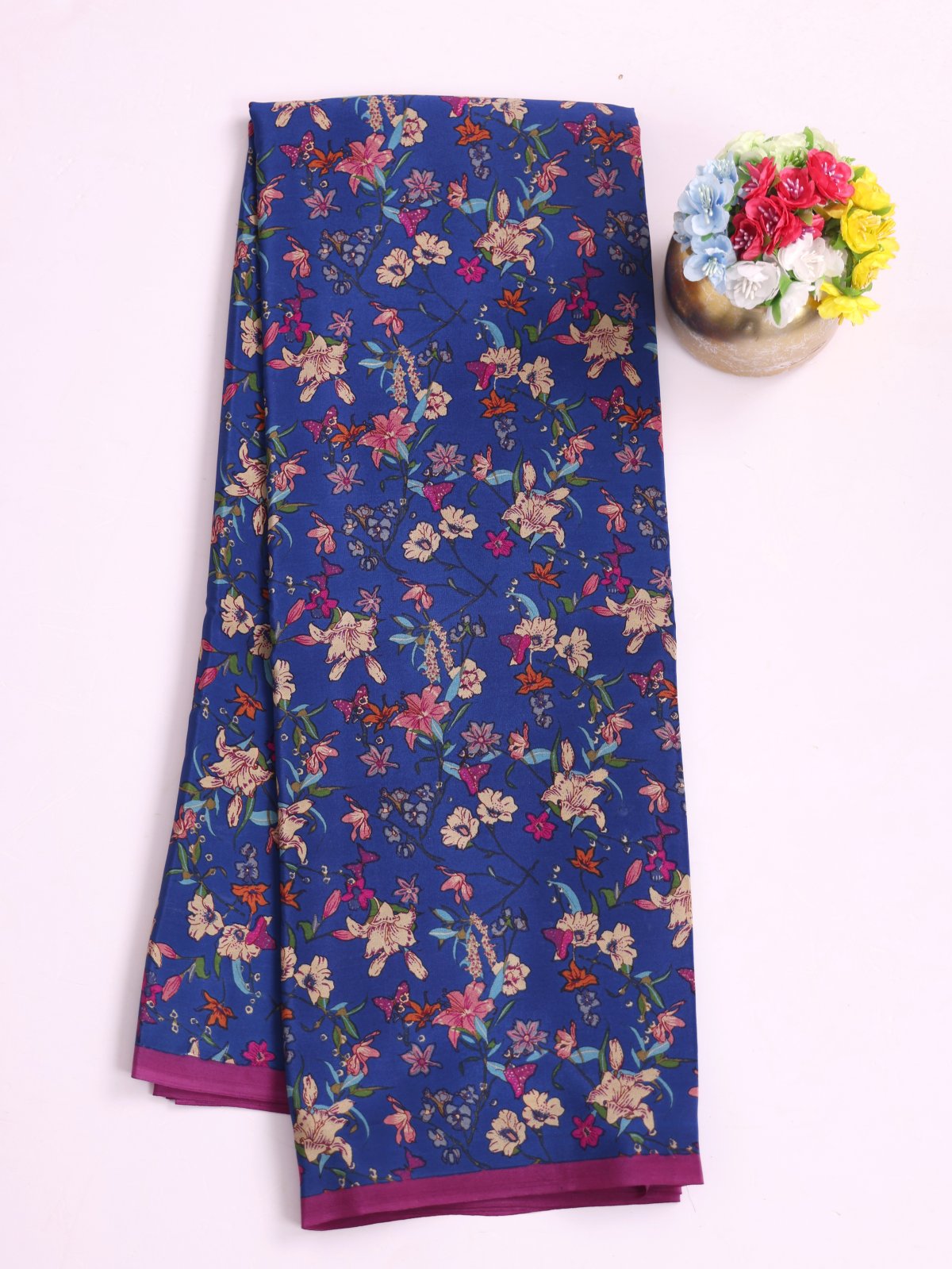 Dark Blue Printed Crepe Silk Saree 