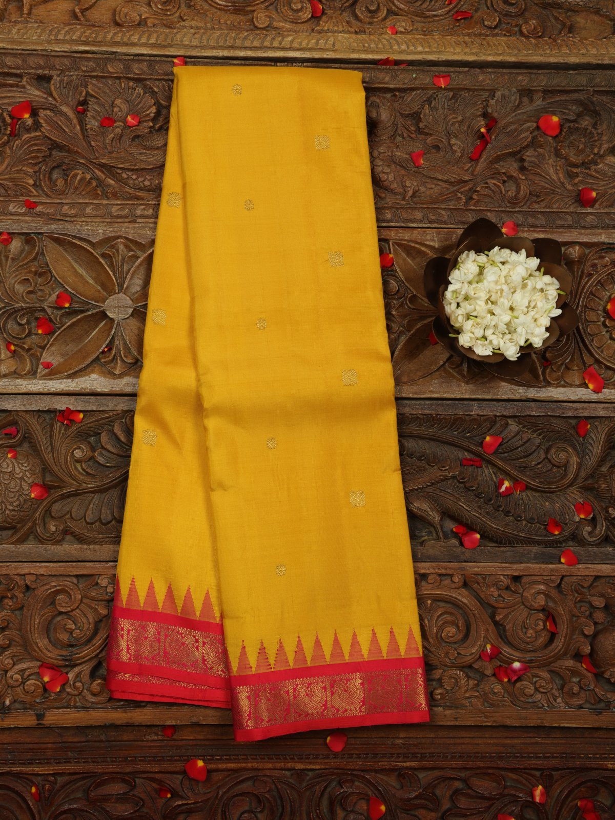 Yellow Kanjeevaram Silk Saree With Orangish Red Zari Border