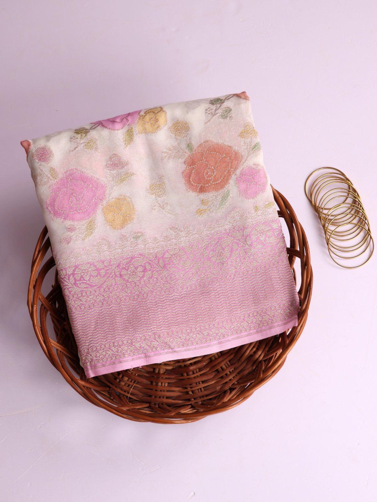 White Printed Banaras Georgette Silk Saree With Onion Pink Border