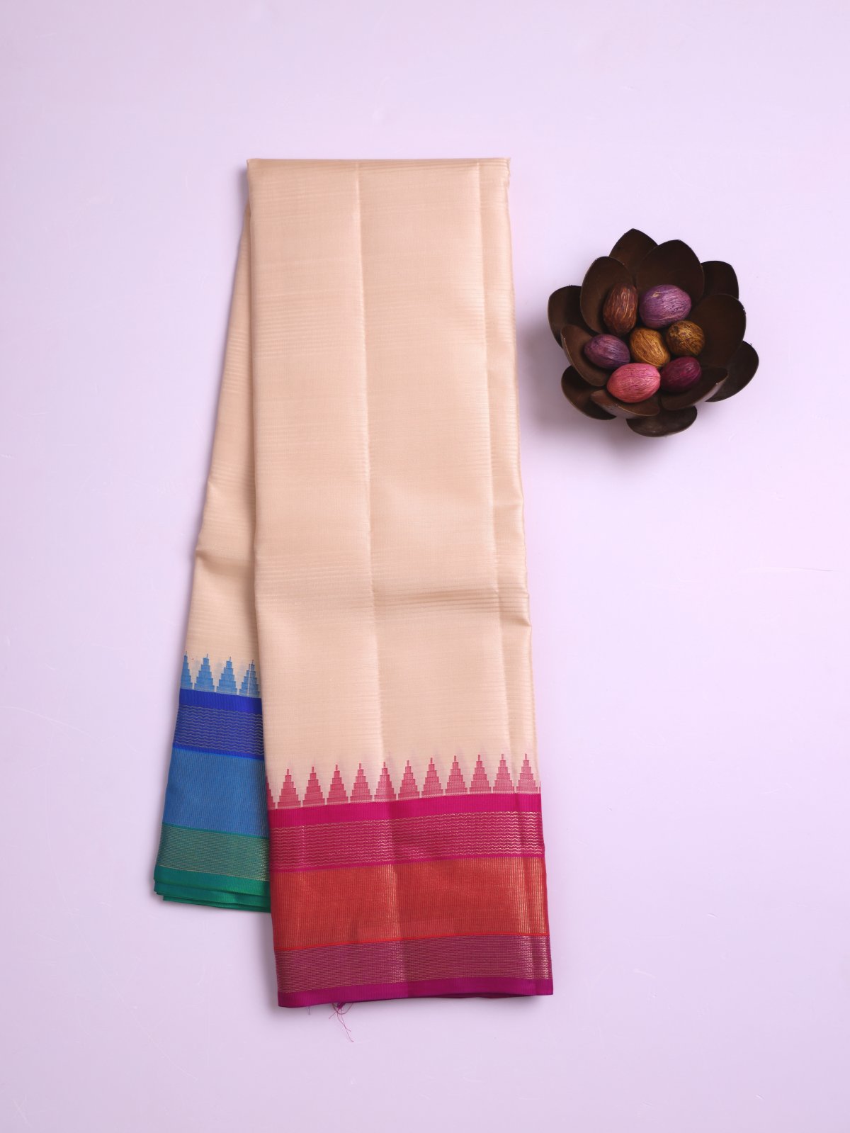 Off- White Soft Silk Saree with Rani Pink and Peacock Blue Ganga Jamuna Border