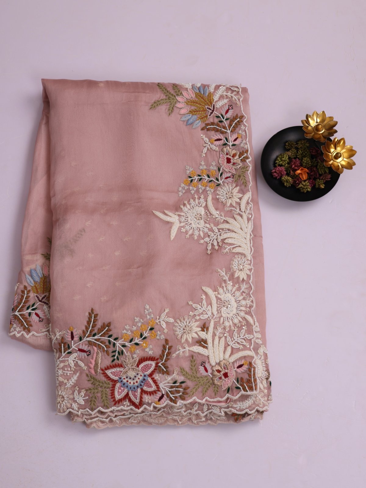 Dusty Pink Organza Silk Saree With Embroidered Border