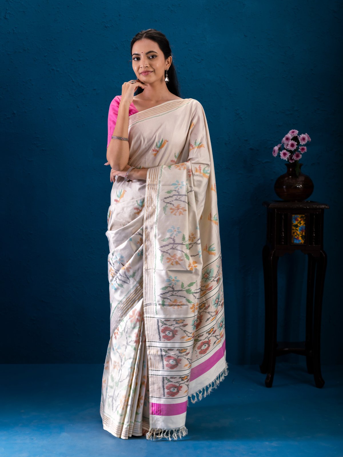 Cream White Patola Silk Saree 