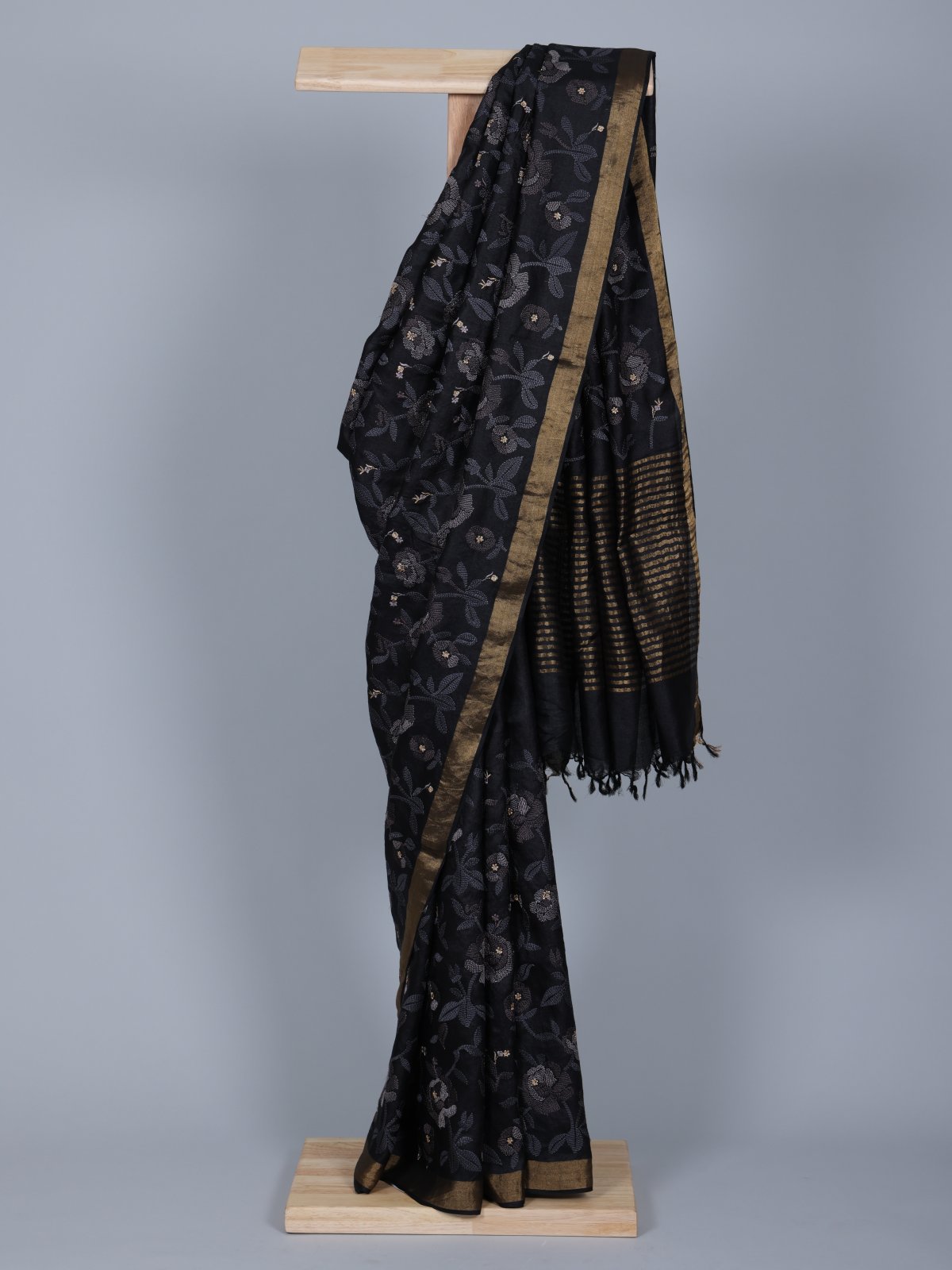 Black Tussar Embroidery Silk Saree With Zari Border