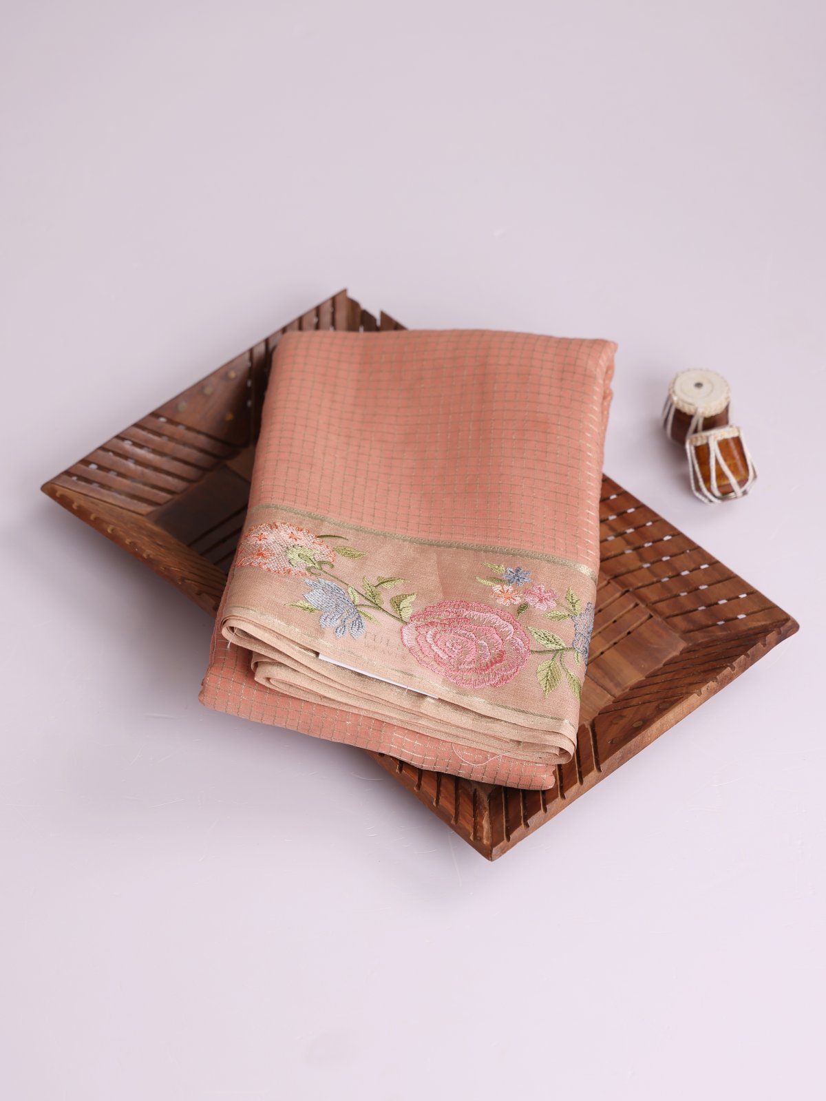 Peach Zari Checked Georgette Silk Saree With Embroidered Border