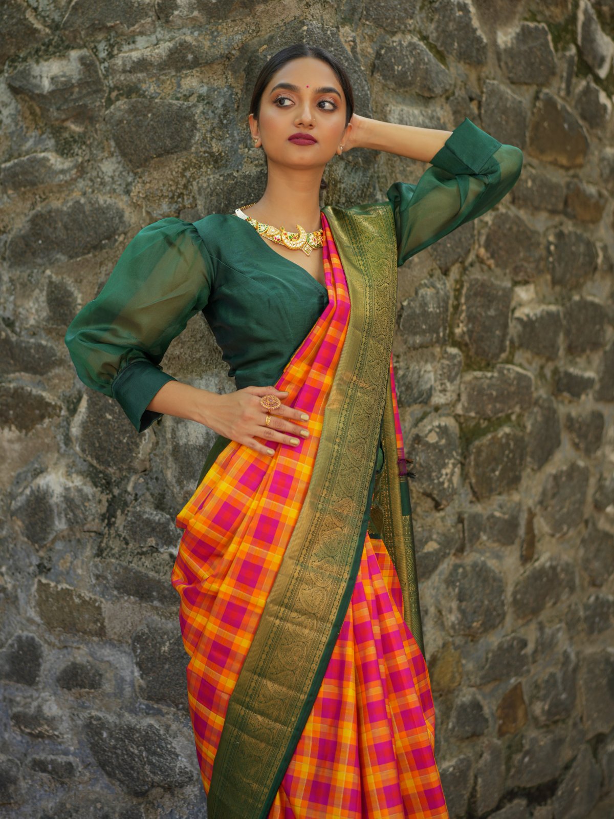 Checked Kanjeevaram Silk Saree With Dark Green Border