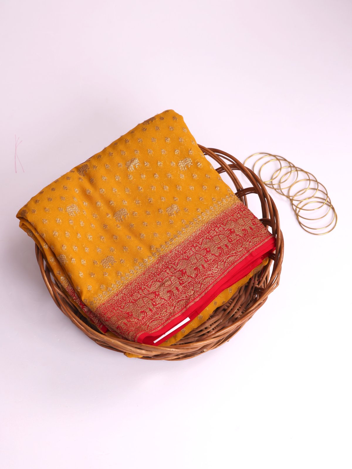 Mustard Yellow Banaras Georgette Silk Saree With Red Border