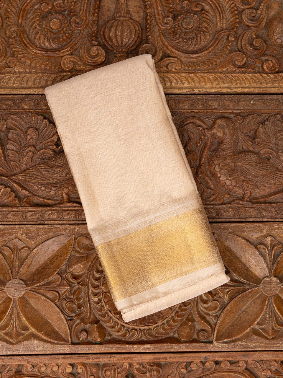 Light Beige Silk Dhoti With Gold Self Zari Border