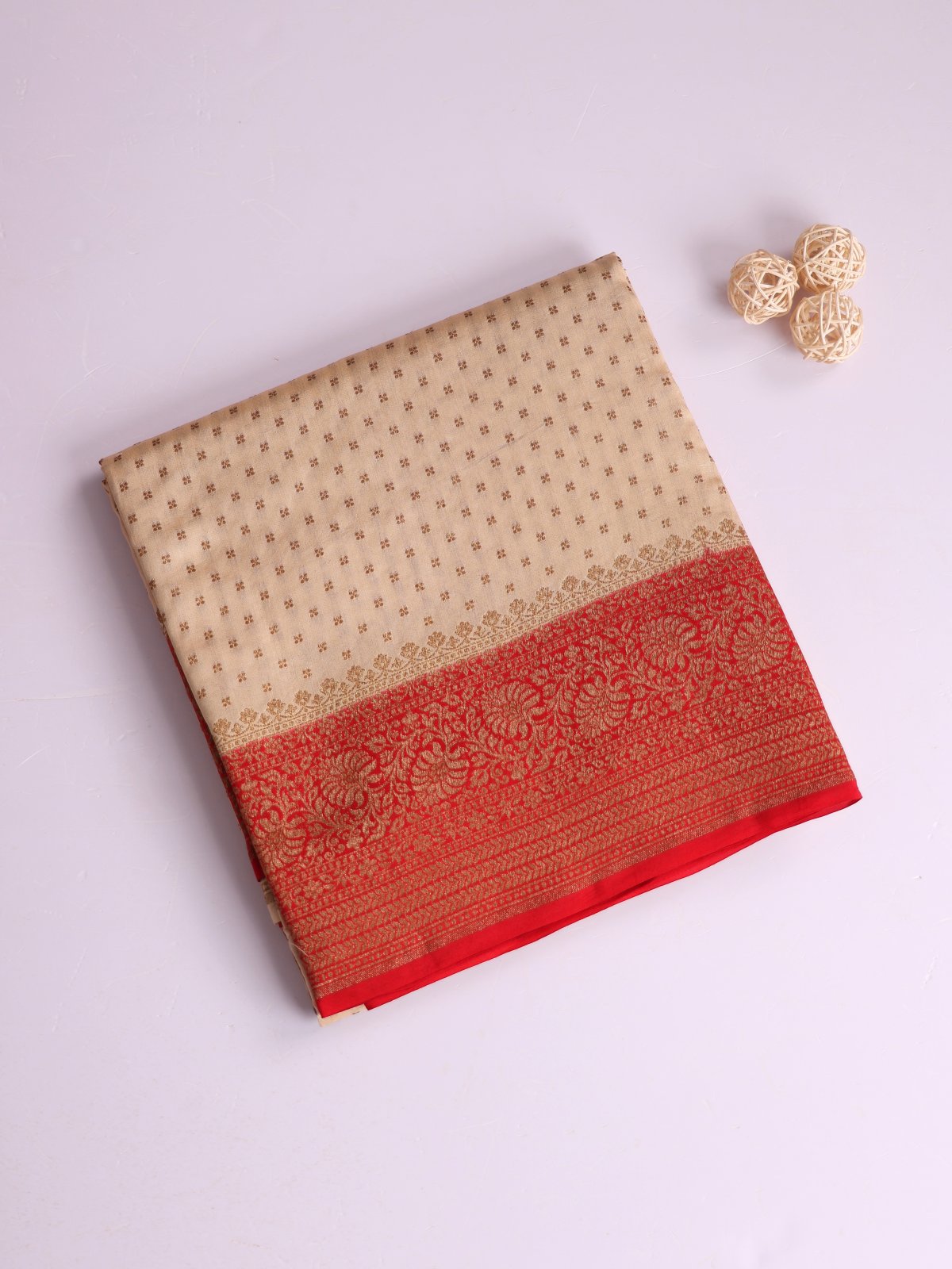 Beige Chaniya Silk Saree With Red Border