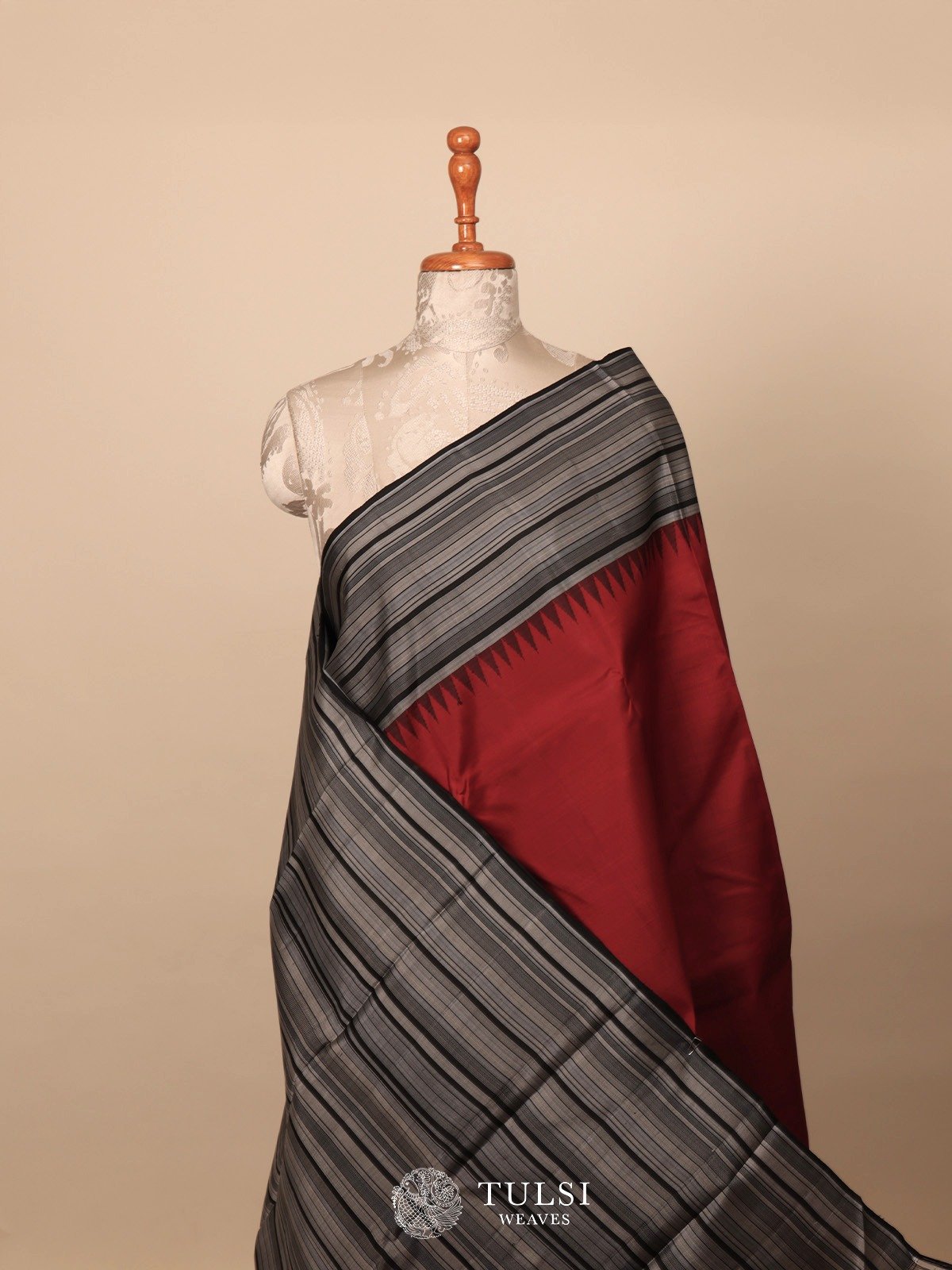 Wine Red Kanjeevaram Silk Saree with Striped Border