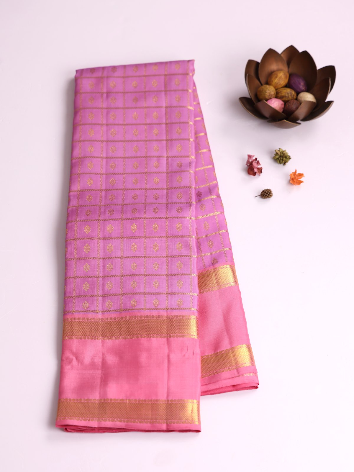 Lavender Zari Checked Kanjeevaram Silk Saree with Pastel Pink Border