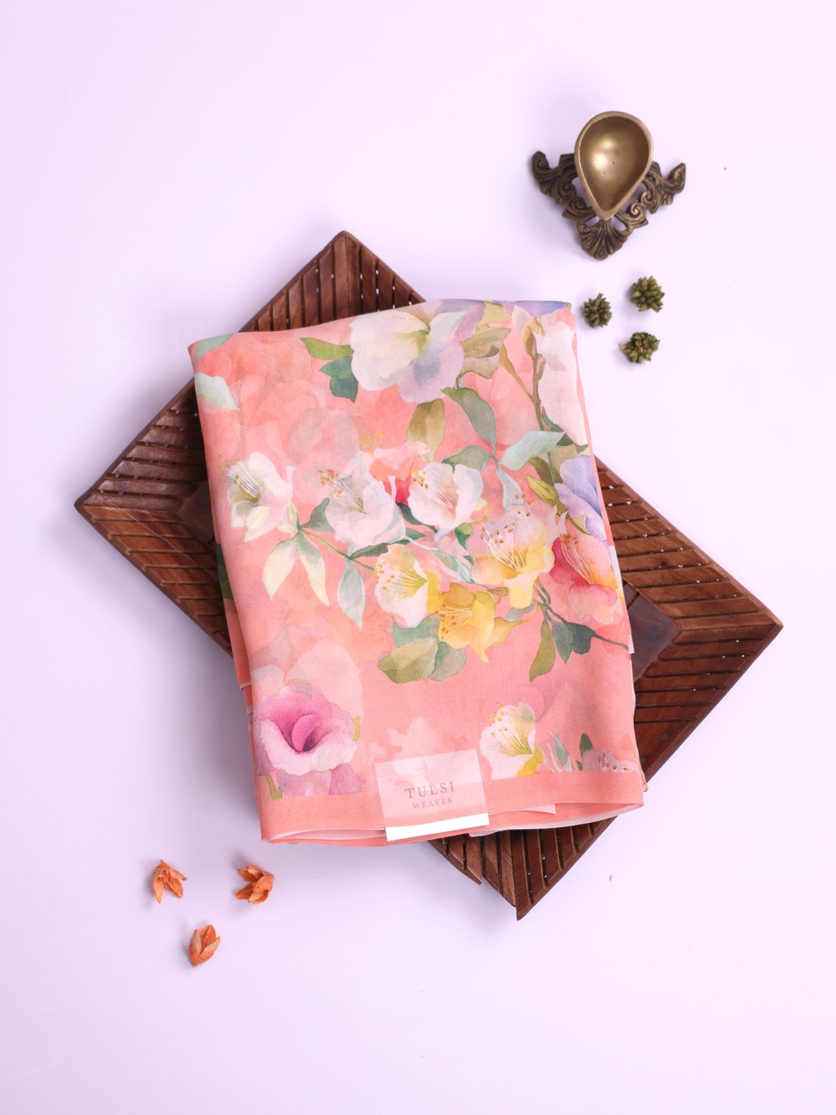 Peach Floral Printed Georgette Silk Saree
