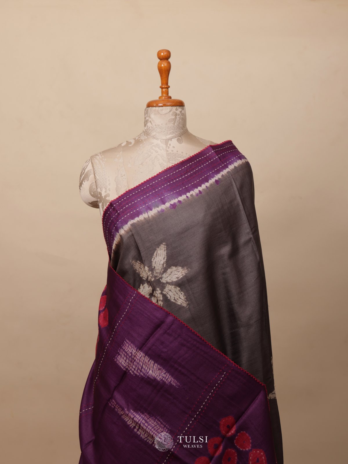 Grey Shibori Tussar Silk Saree