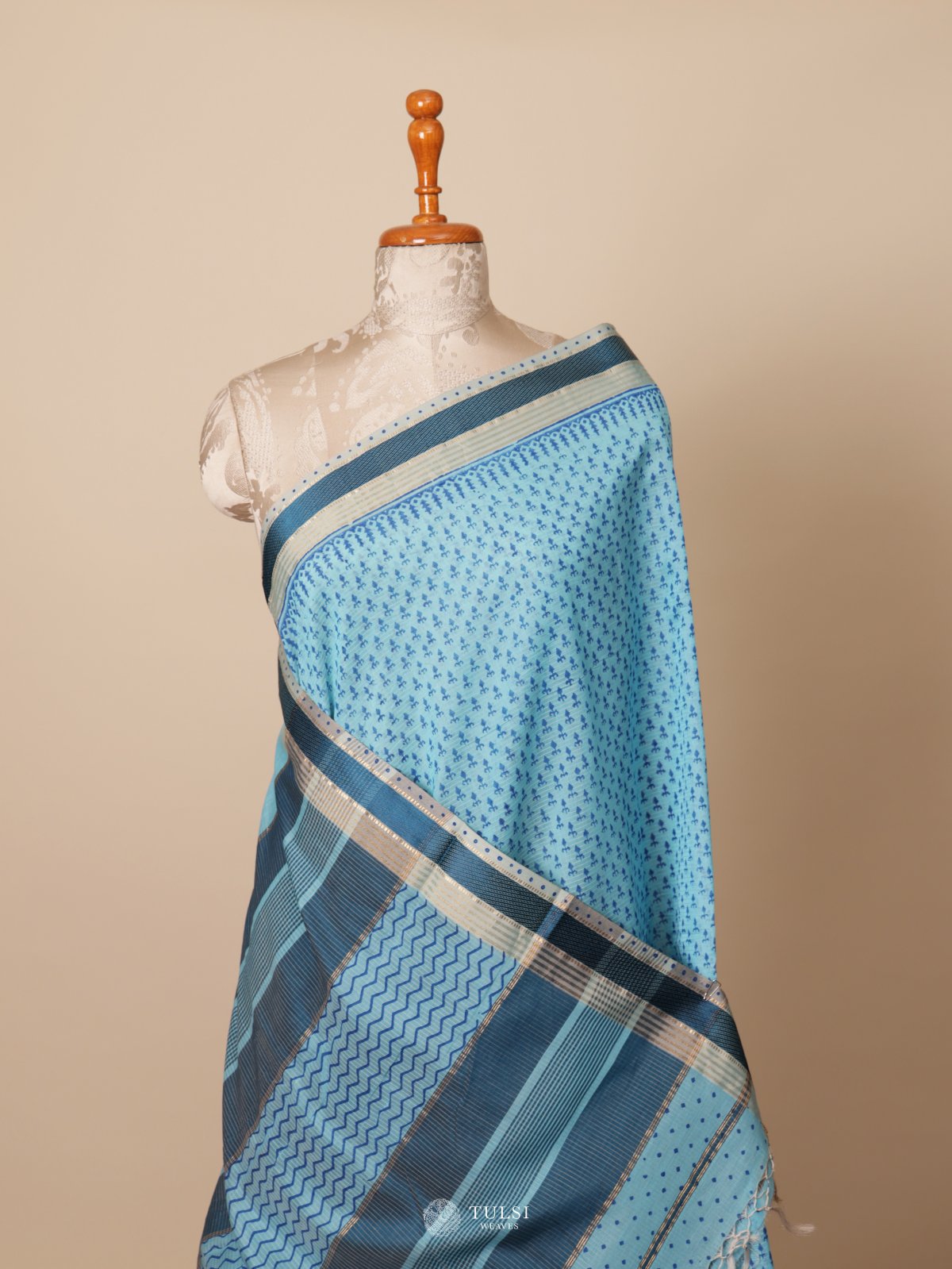 Blue Handblock Printed Maheshwari Cotton Saree