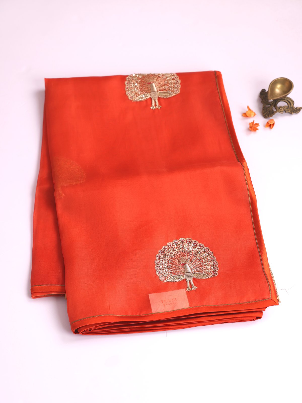 Reddish Orange Embroidered Organza Silk Saree