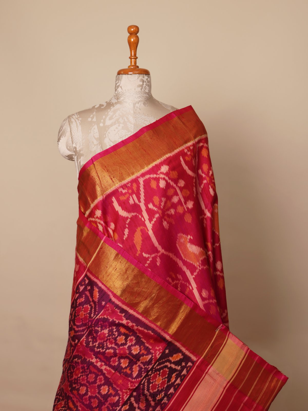 Pinkish Red Patola Raw Silk Saree