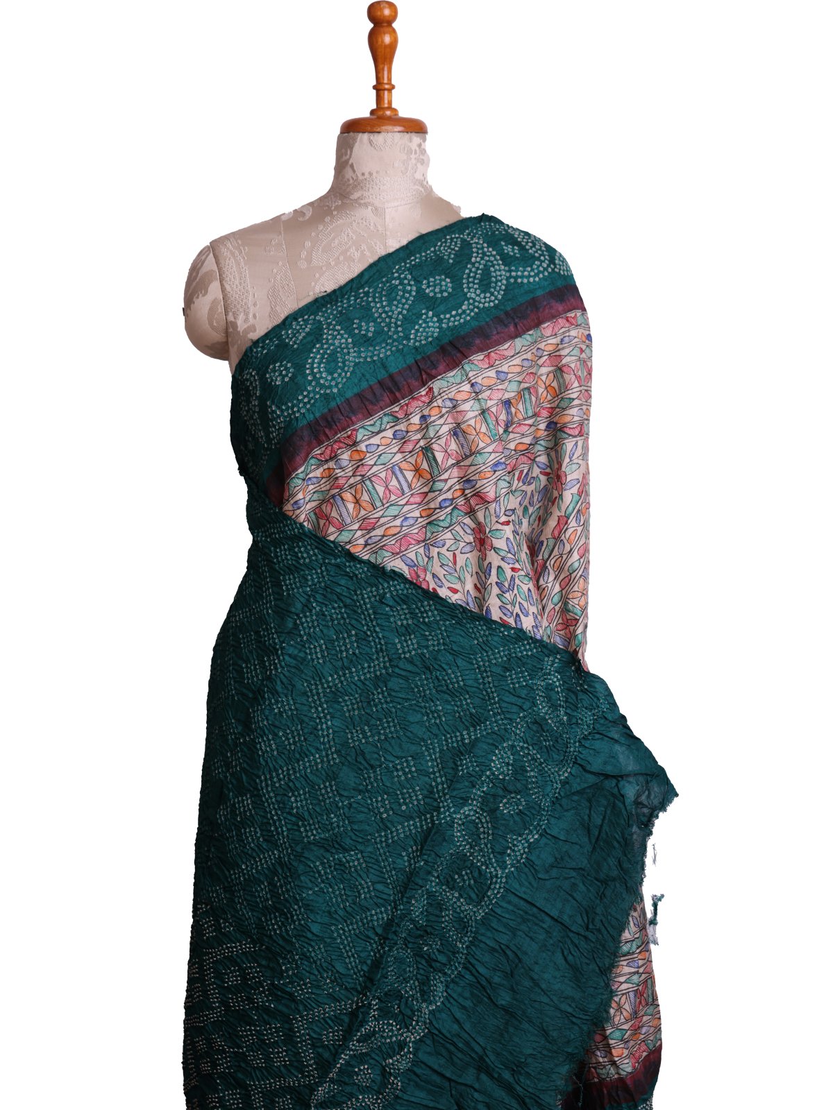 Cream Madhubani Printed Tussar Silk Saree With Dark Teal Bandhini Border