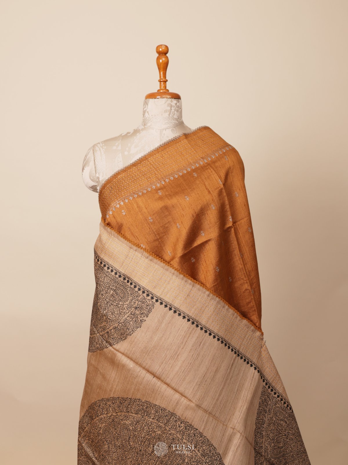Mustard Yellow Raw Silk Saree With Kantha Embroidery Border