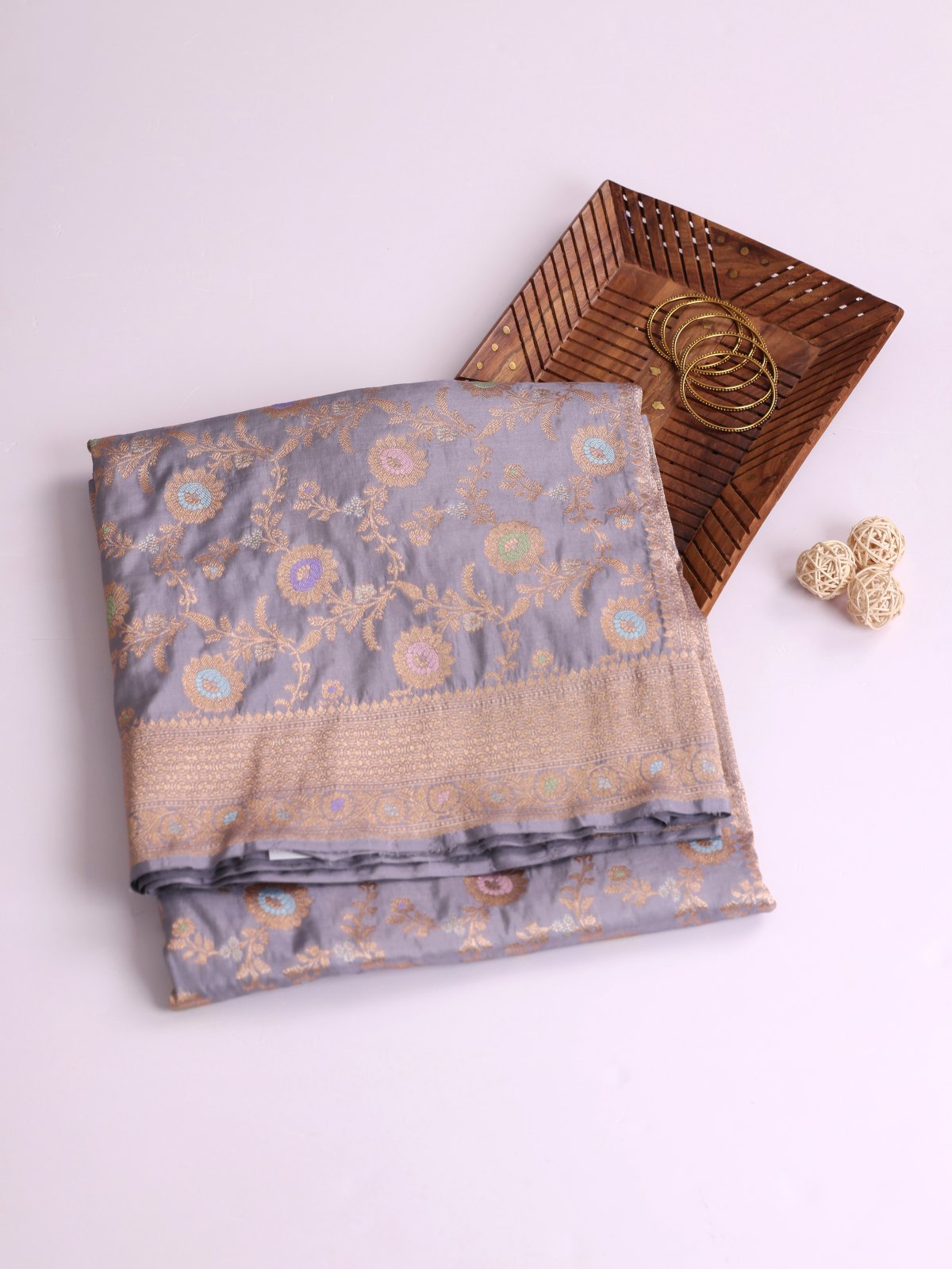 Light Grey Banaras Silk Saree with Zari Border
