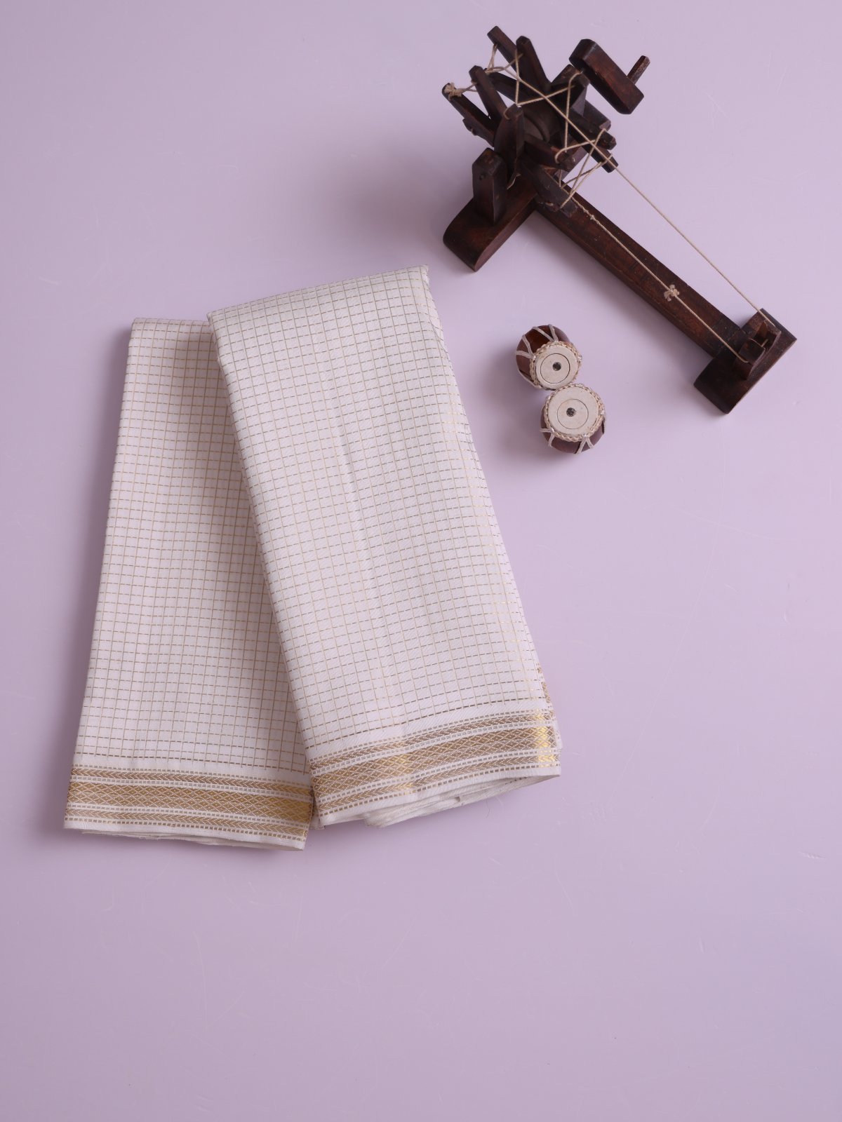 White Zari Checked Silk Dhoti And Vasthram With Zari Border