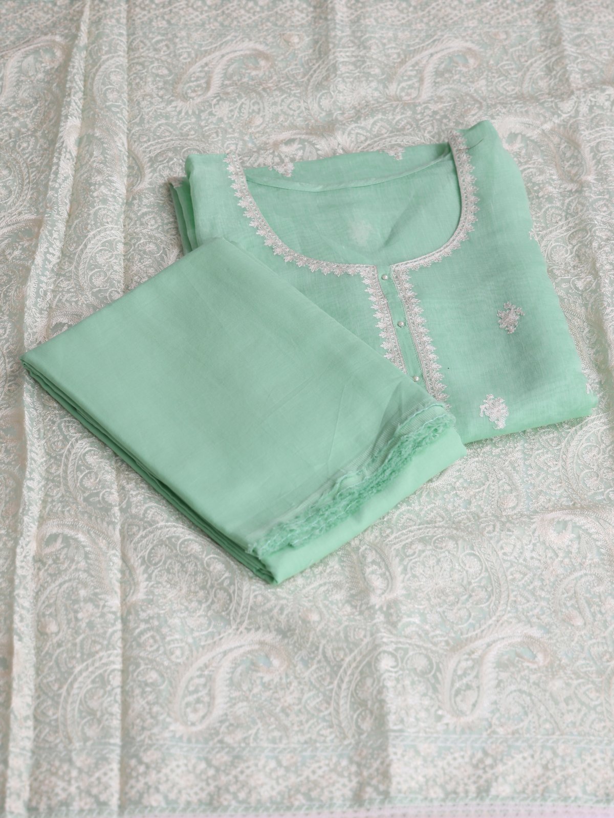 Light Green Embroidered Mul Chanderi Cotton Salwar Material