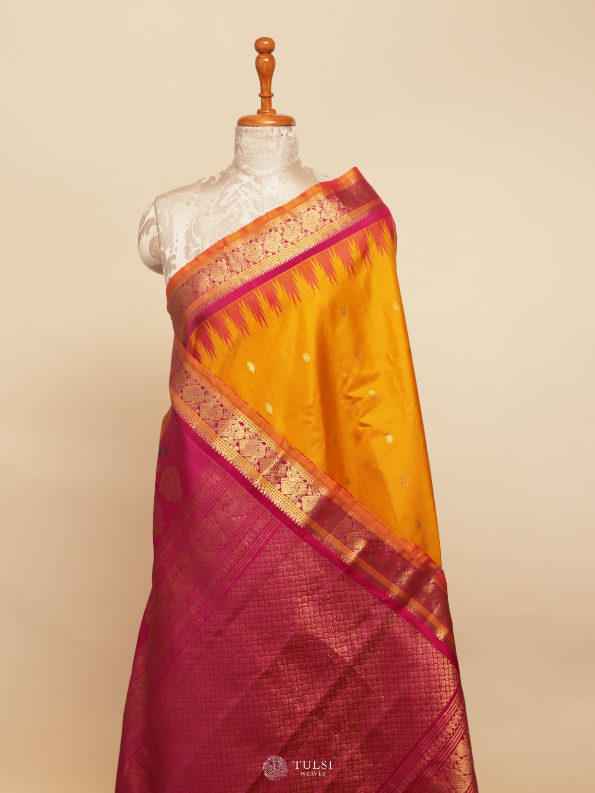 Yellow Gadwal Silk Saree With Pink Border