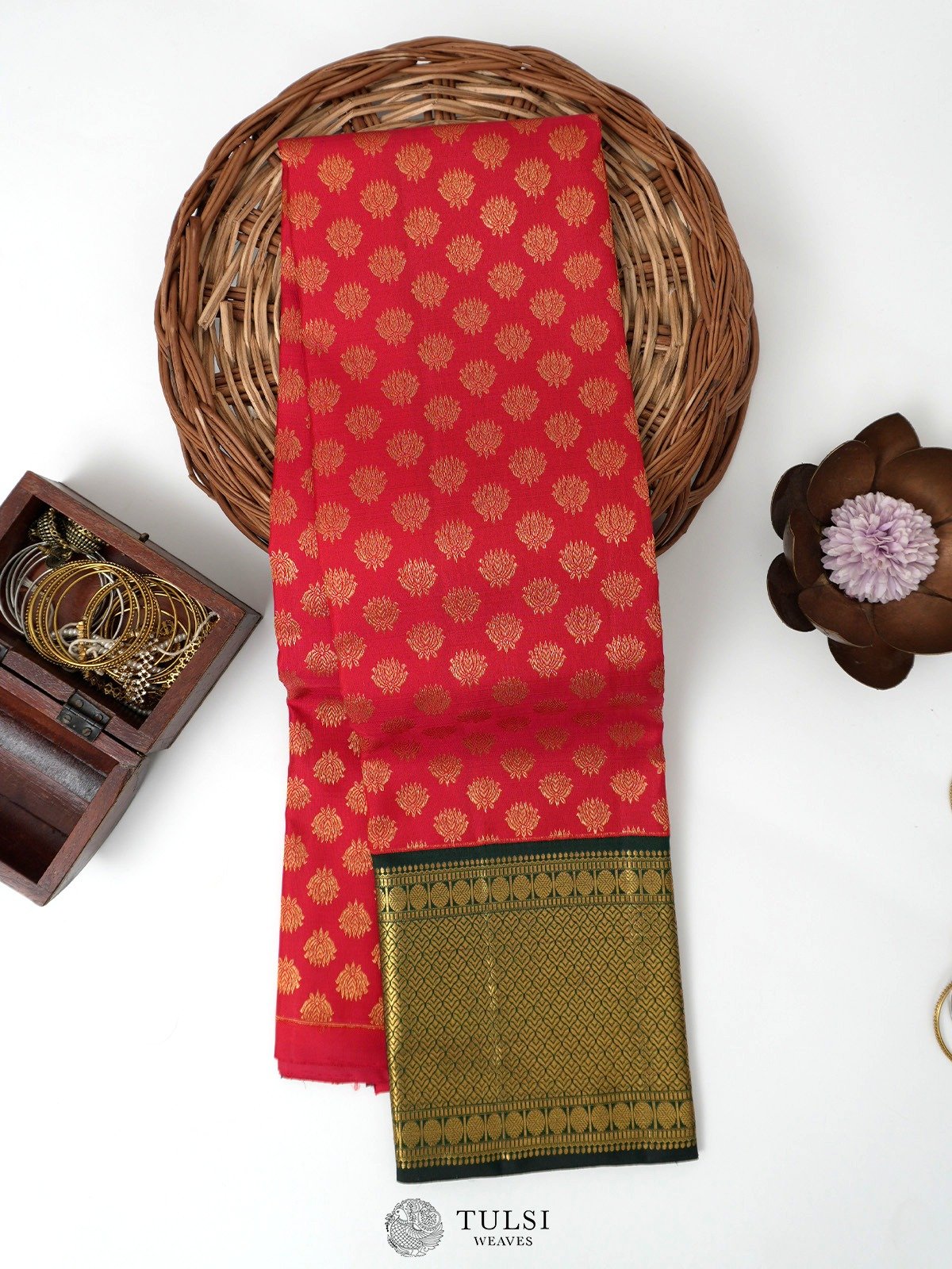 Red Kanjeevaram Silk Pavadai with Bottle Green Border