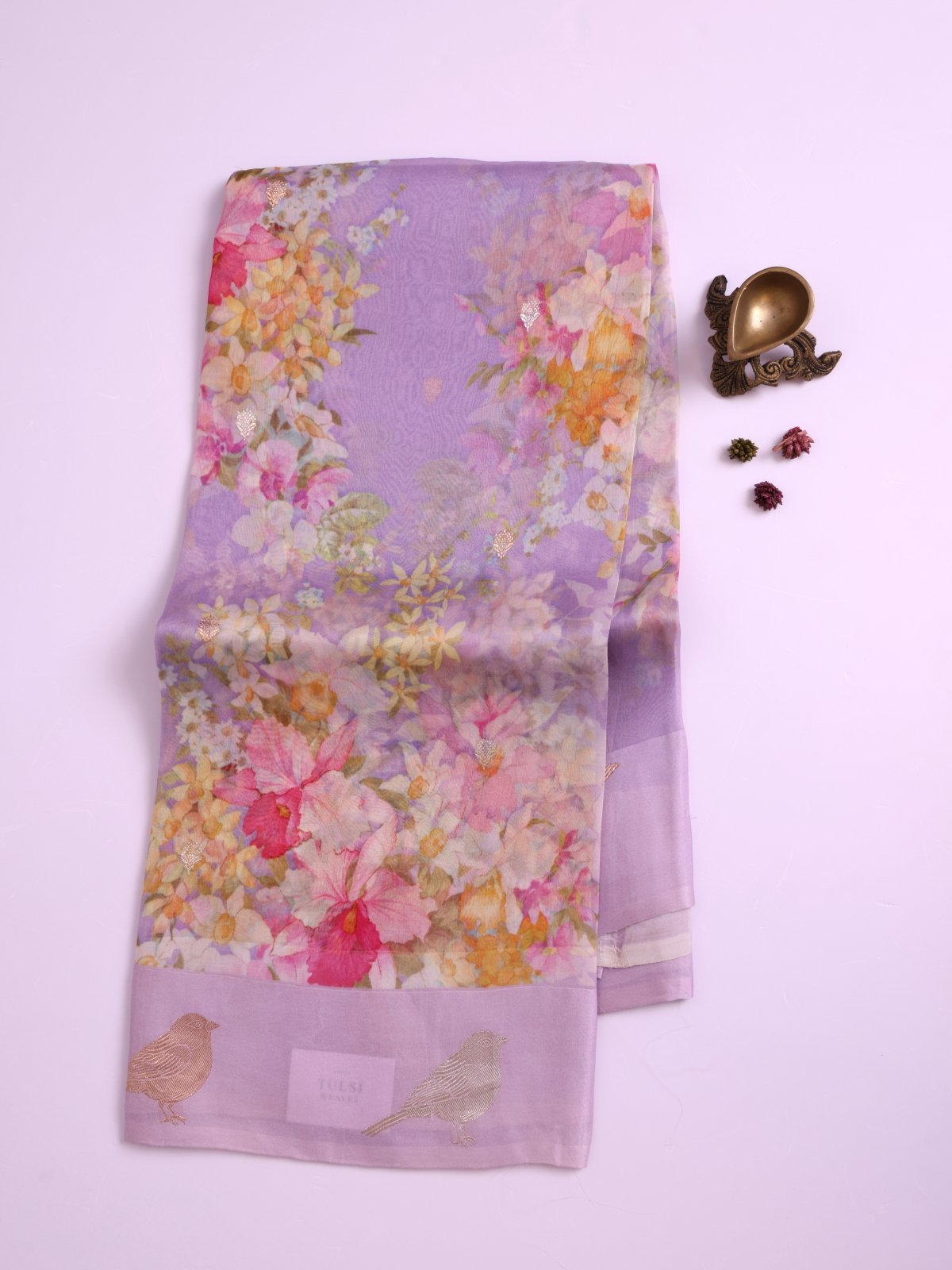 Pastel Lavender Printed Organza Silk Saree with Self Satin Border