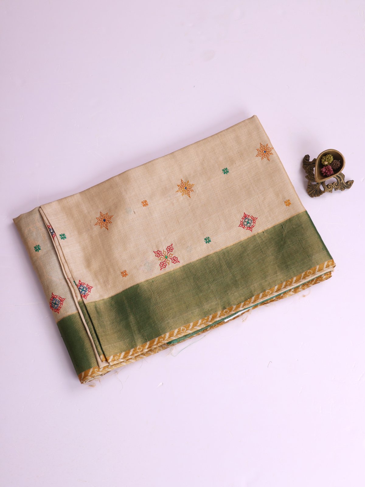 Beige Embroidered Tussar Silk Saree With Green Zari Border