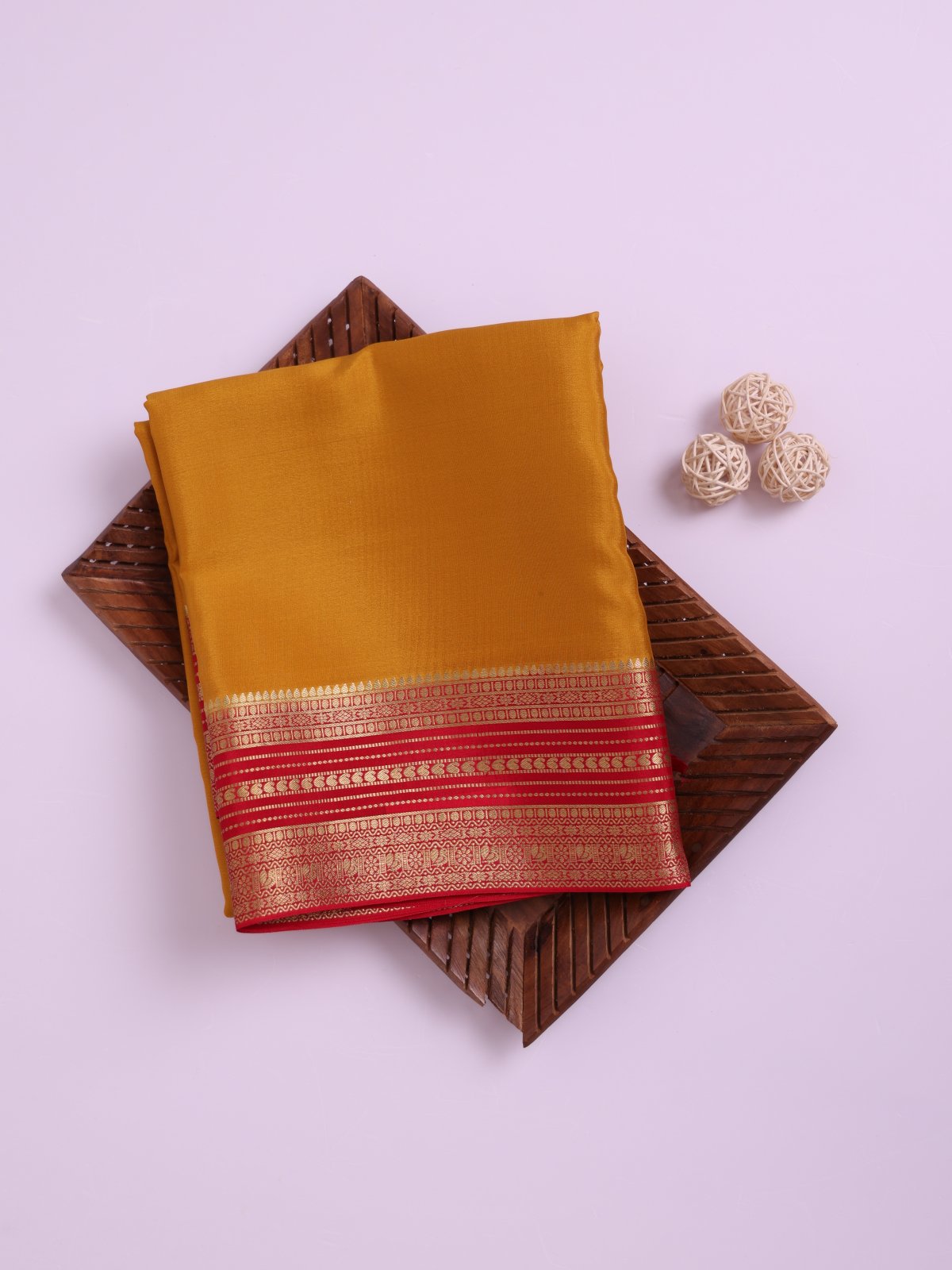Mustard Yellow Mysore Silk Saree with Red Zari Border 